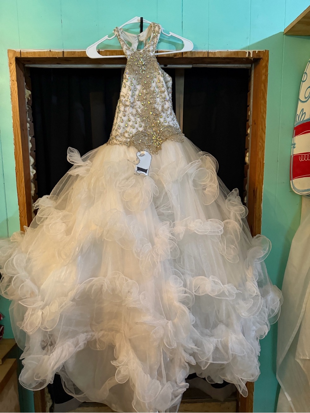Ivory Beaded Bodice Ruffled Tulle Pageant Dress for Girls
